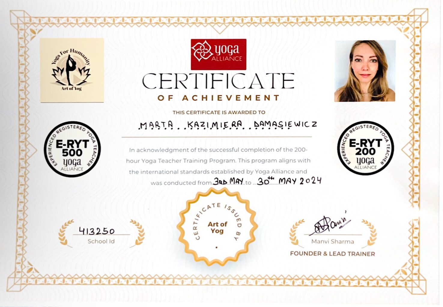 Yoga course completion certificate awarded